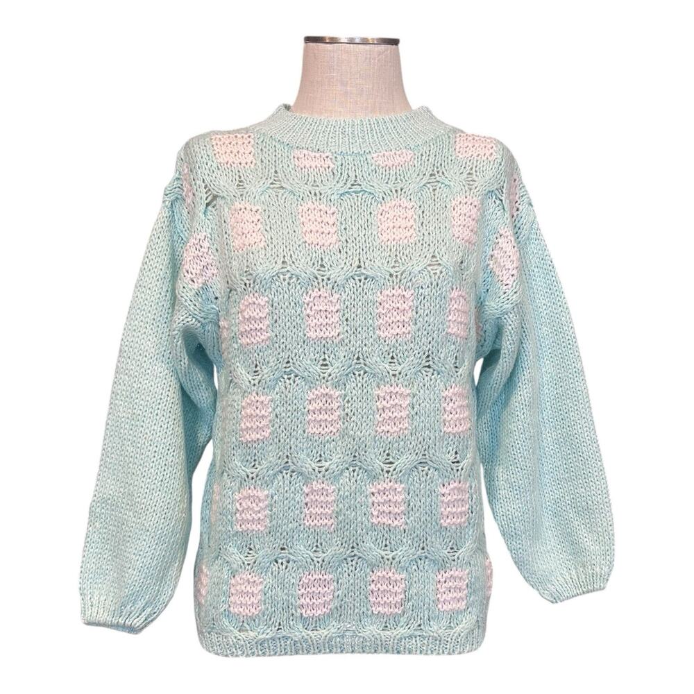 Vintage 80s Pastel Mint Pink Open Knit Sweater EUC L